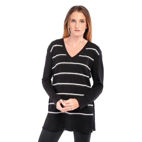 Leo & Sage Size XL Striped Sweater V-Neck Black & White Pullover Long Sleeve - Picture 1 of 5